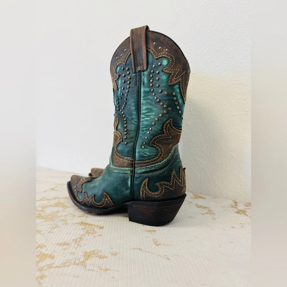 COBARCA Women’s Turquoise & Brown Leather Brass Studded Boots MX 23 - Picture 2 of 10